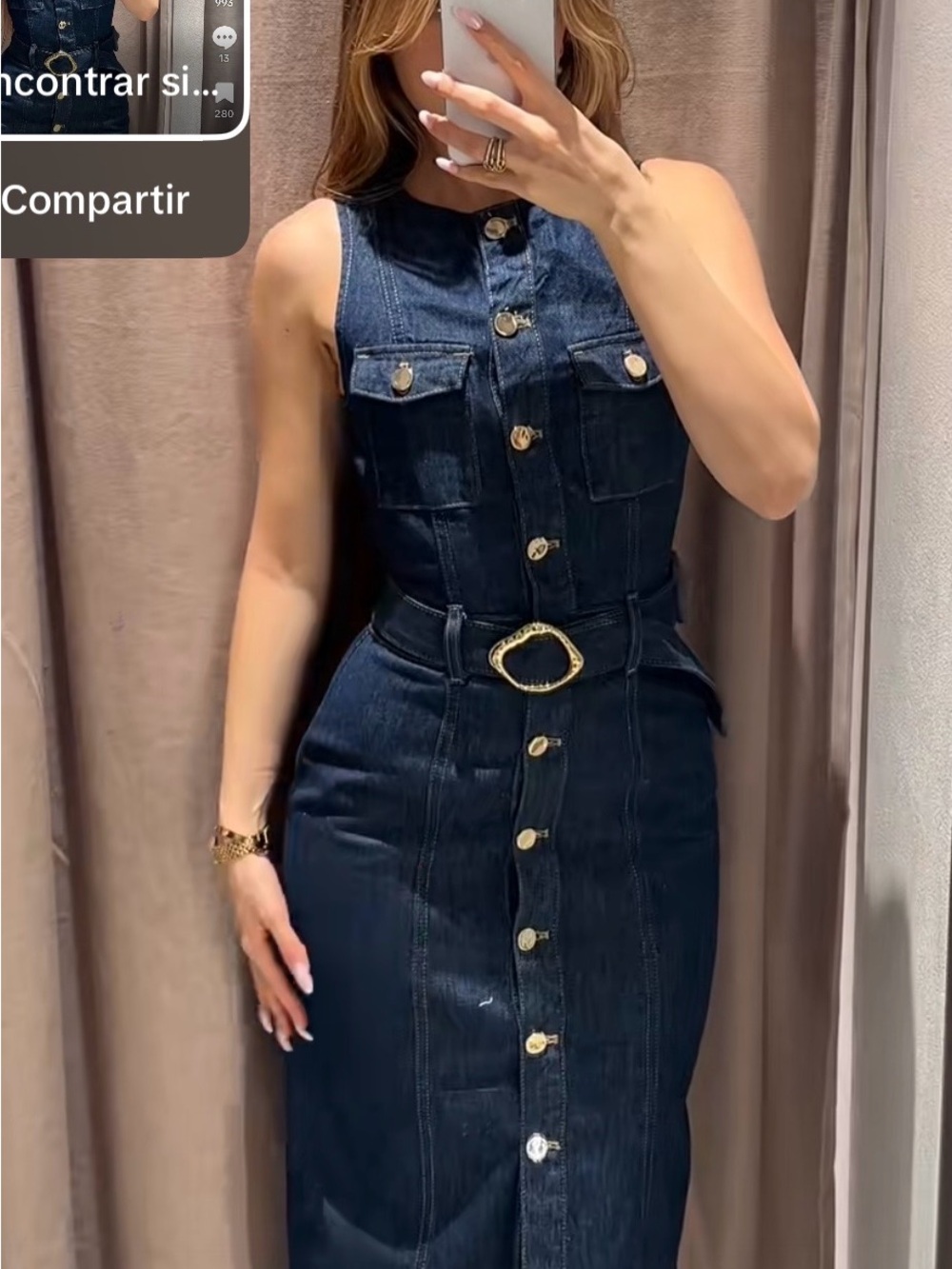 Zara Dark Indigo Denim Midi Dress with Gold Ring Belt - Picture 2 of 6